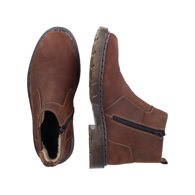 Nougatbraune Rieker Herren Chelsea Boots 31650-23 mit einem Reißverschluss. Schuh von oben, liegend.