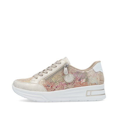 Beige Rieker Damen Sneaker Low N8103-60 mit Reißverschluss sowie Extraweite H. Schuh Außenseite.