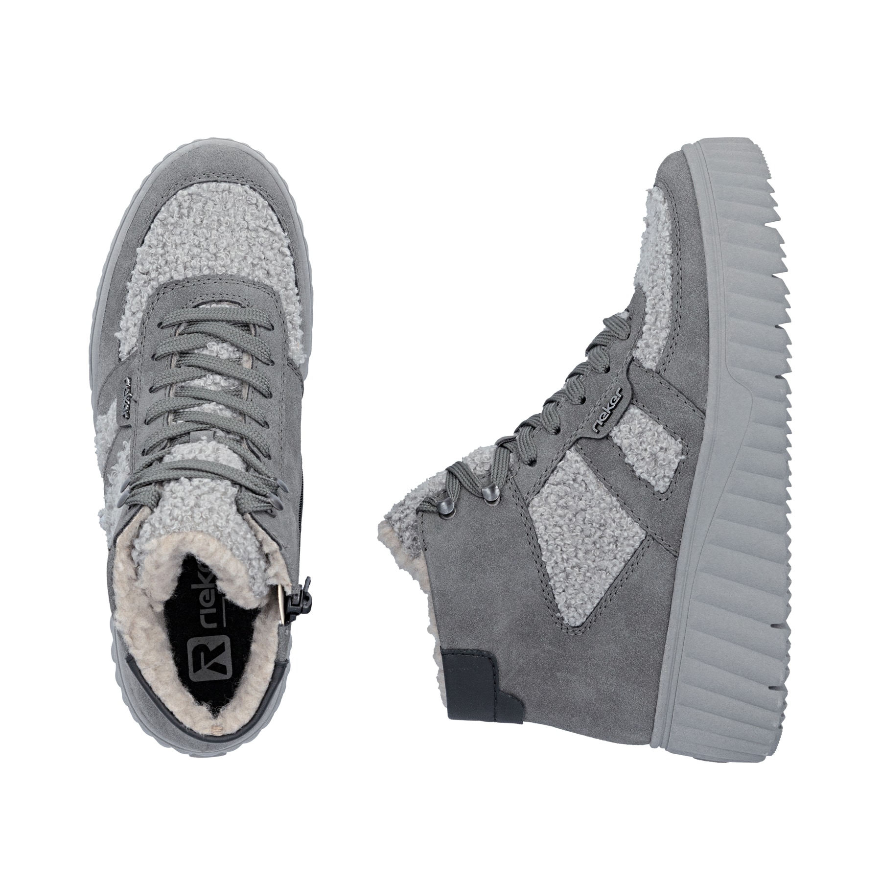 Dunkelgraue Rieker Damen Sneaker High N2515-45 mit Teddyfell-Details. Schuh von oben, liegend.