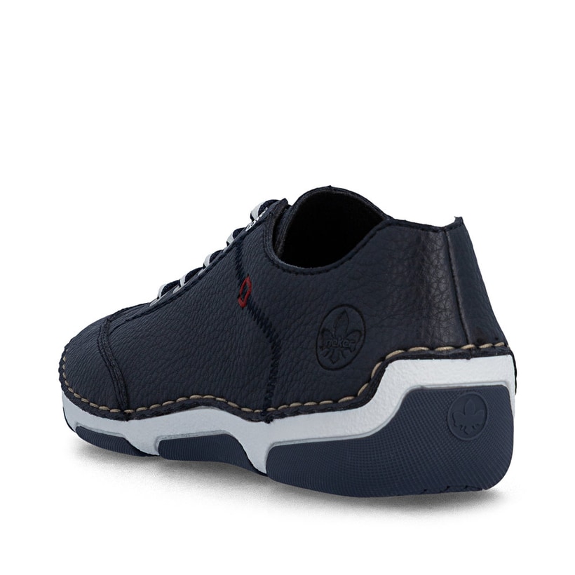 Blaue Rieker Damen Schnürschuhe 55901-14 aus Glattleder mit modernen Ziernähten. Schuh von hinten.
