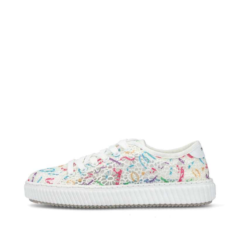 Bunte vegane Rieker Damen Sneaker Low M3926-90 mit einer Schnürung. Schuh Außenseite.
