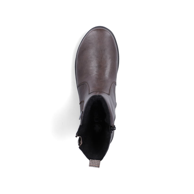 Dunkelbraune Rieker Damen Kurzstiefel Z0074-25 mit wasserabweisender TEX-Membran. Schuh von oben.