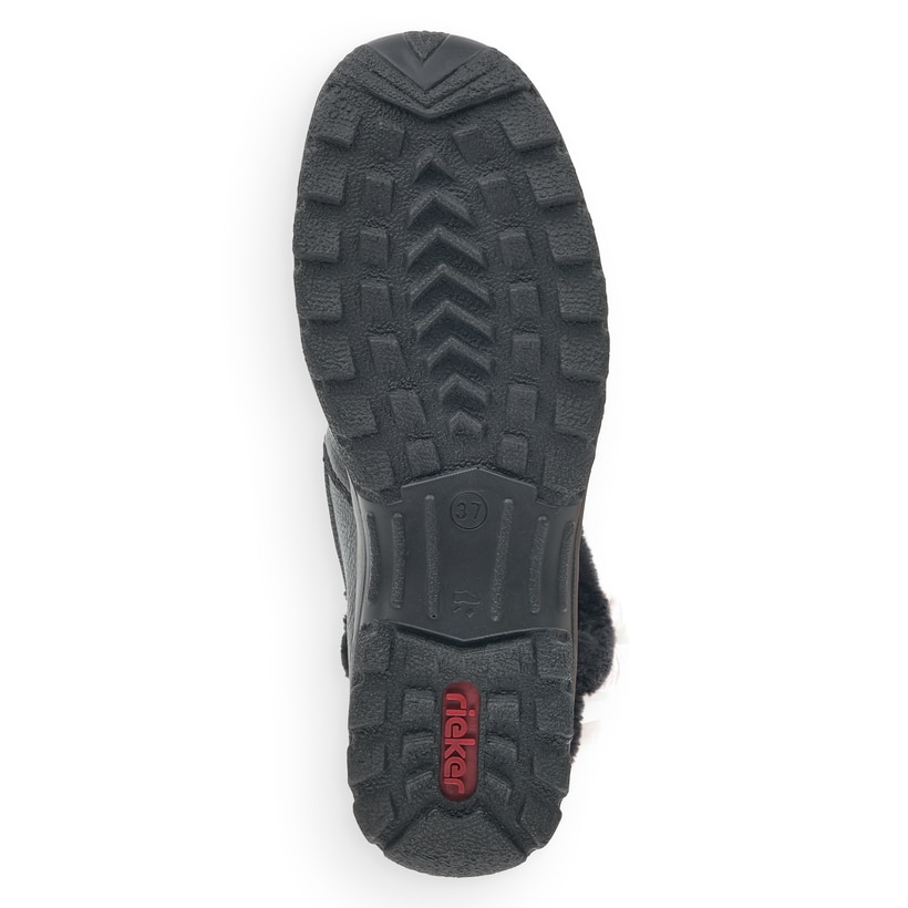 
Tiefschwarze Rieker Damen Kurzstiefel Z68M1-01 mit einer schockabsorbierenden Sohle. Schuh seitlich schräg