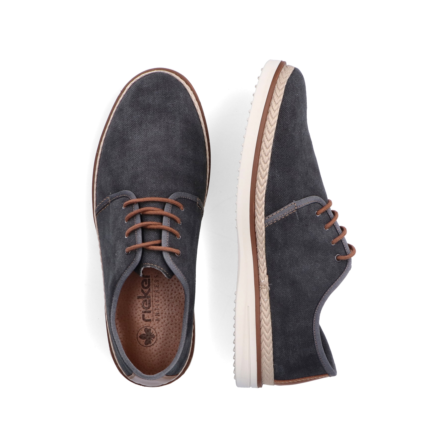 Graue Rieker Herren Schnürschuhe B2310-45 mit der Komfortweite G 1/2. Schuh von oben, liegend.