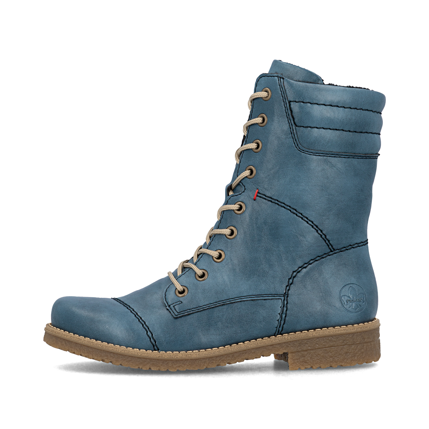 Hellblaue Rieker Damen Schnürstiefel 73570-14 mit gepolstertem Schaftrand. Schuh Außenseite.