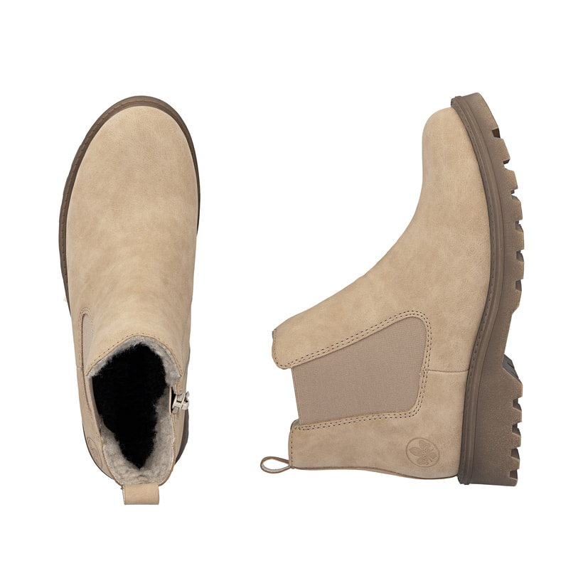 Beige Rieker Damen Chelsea Boots 73250-61 mit einem Reißverschluss. Schuh von oben, liegend.