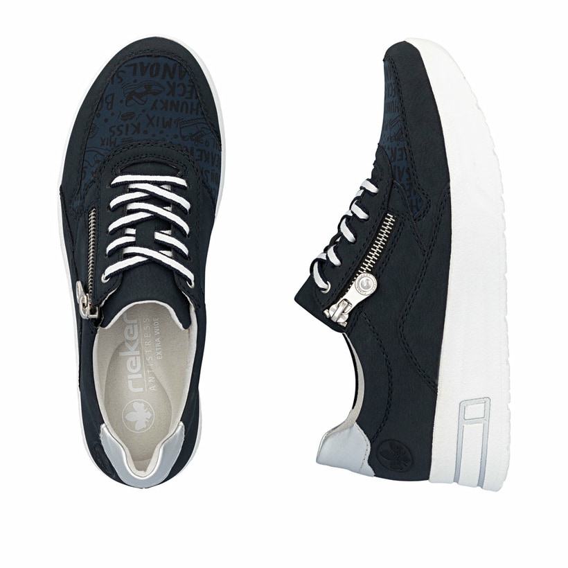Blaue Rieker Damen Sneaker Low N8114-14 mit einem Reißverschluss. Schuh von oben, liegend.