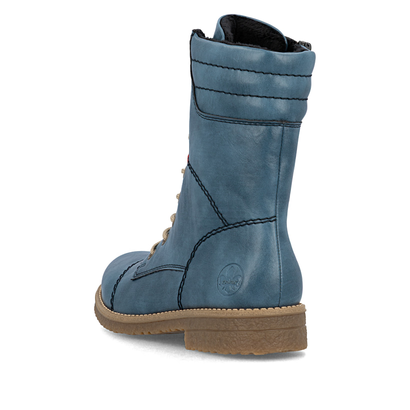 Hellblaue Rieker Damen Schnürstiefel 73570-14 mit gepolstertem Schaftrand. Schuh von hinten.
