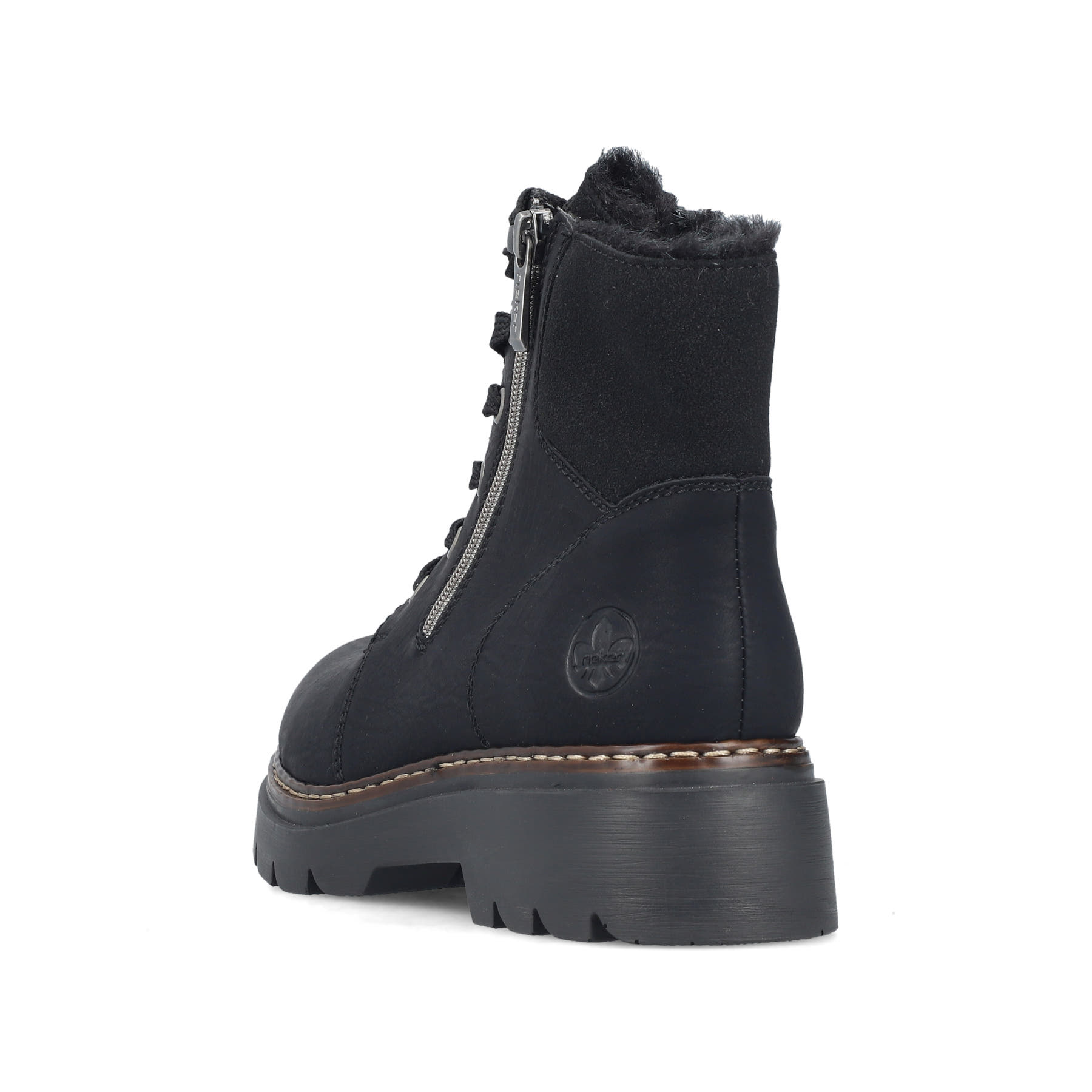Schwarze Rieker Damen Schnürstiefel 76720-00 mit einem Reißverschluss. Schuh von hinten.