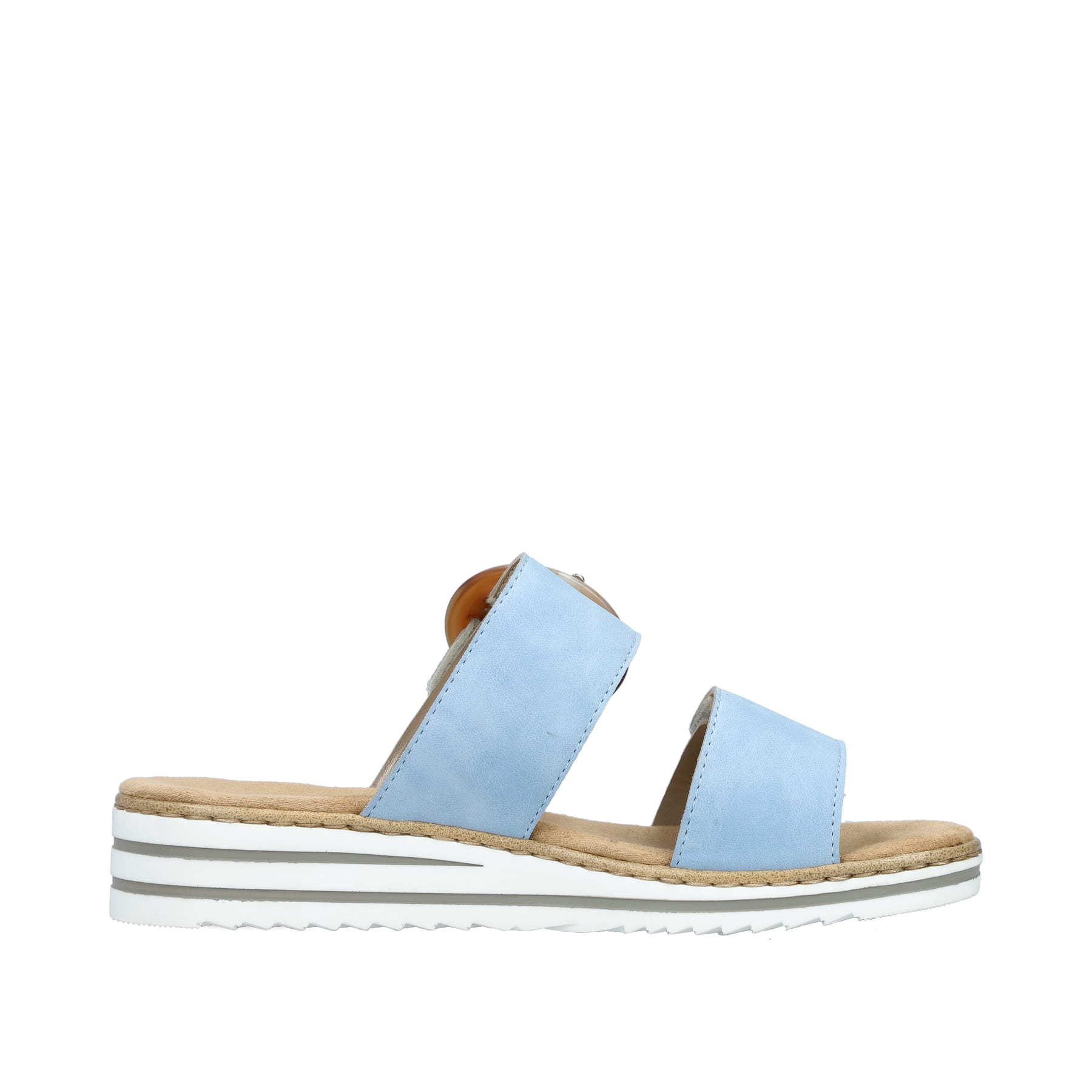 Blaue Rieker Damen Pantoletten V0692-10 mit trendigen Schnalle. Schuh Innenseite.