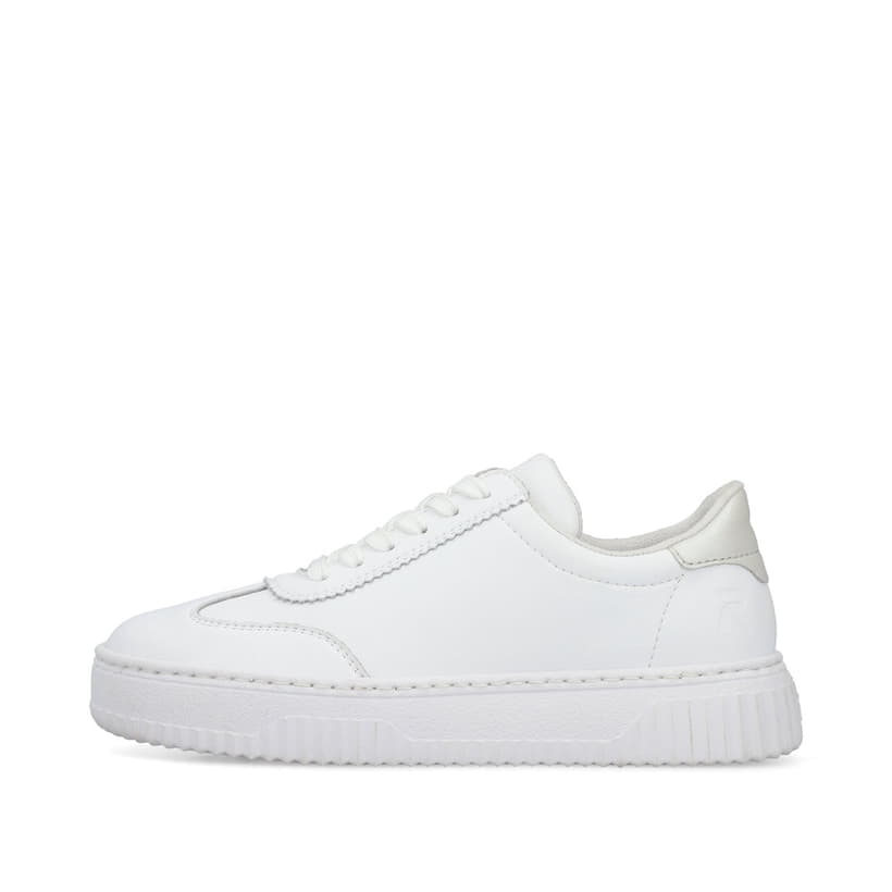 Baskets basses Rieker blanches femme N9910-80 en cuir lisse avec lacets. Côté extérieur de la chaussure.