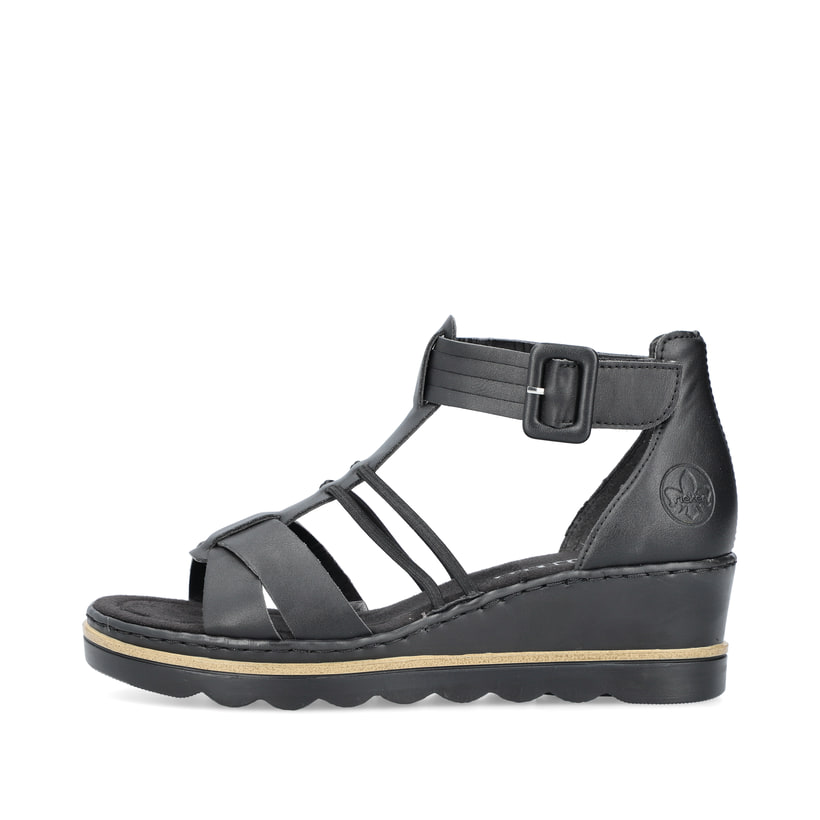 Schwarze Rieker Keilsandaletten 67480-01 mit trendigen Schnalle. Schuh Außenseite.