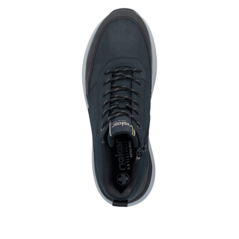 Dunkelblau-schwarze Rieker Herren Schnürstiefel 06003-14 mit Reißverschluss. Schuh von oben.