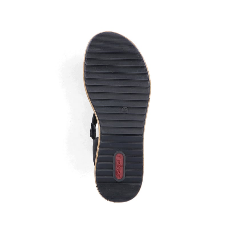 Schwarze Rieker Keilsandaletten V1762-00 mit Strasssteinen sowie Klettverschluss. Schuh Laufsohle.