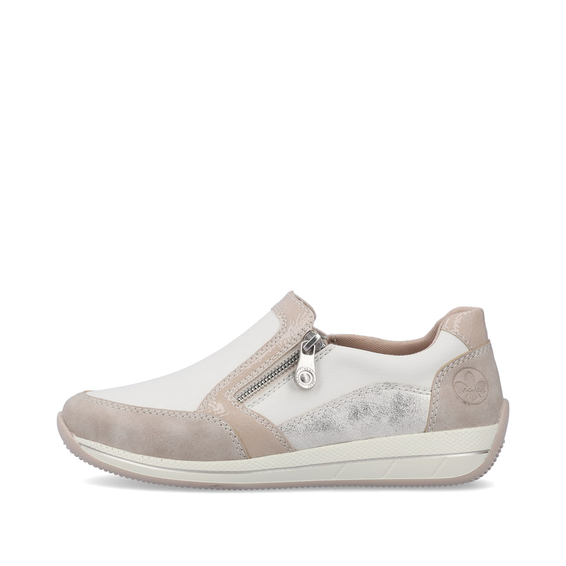 Weiße Rieker Damen Slipper N1151-61 mit einem Reißverschluss sowie Extraweite H. Schuh Außenseite.