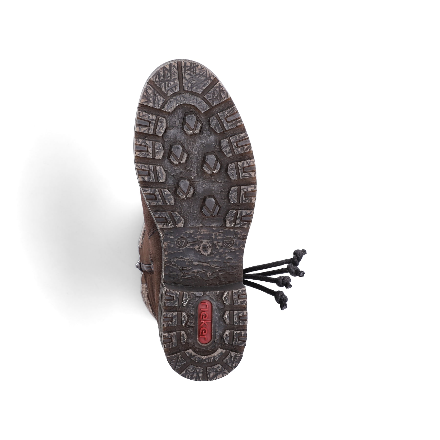 Dunkelbraune Rieker Damen Hochschaftstiefel Z4755-25 mit Strick-Kragen. Schuh Laufsohle.