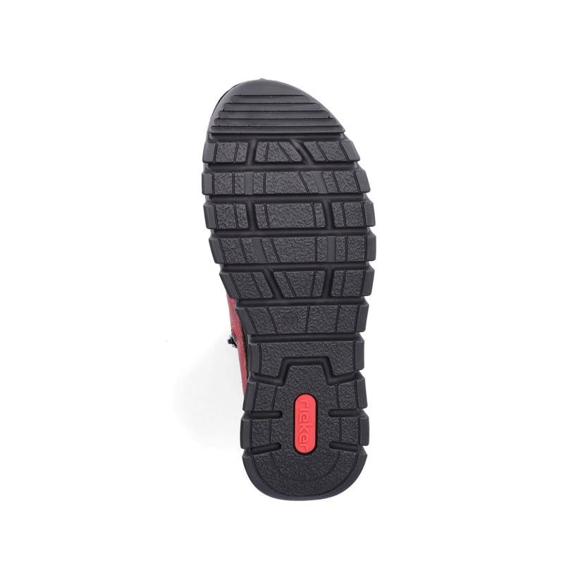 Rot-schwarze Rieker Damen Schnürstiefel 57511-33 mit einem Reißverschluss. Schuh Laufsohle.