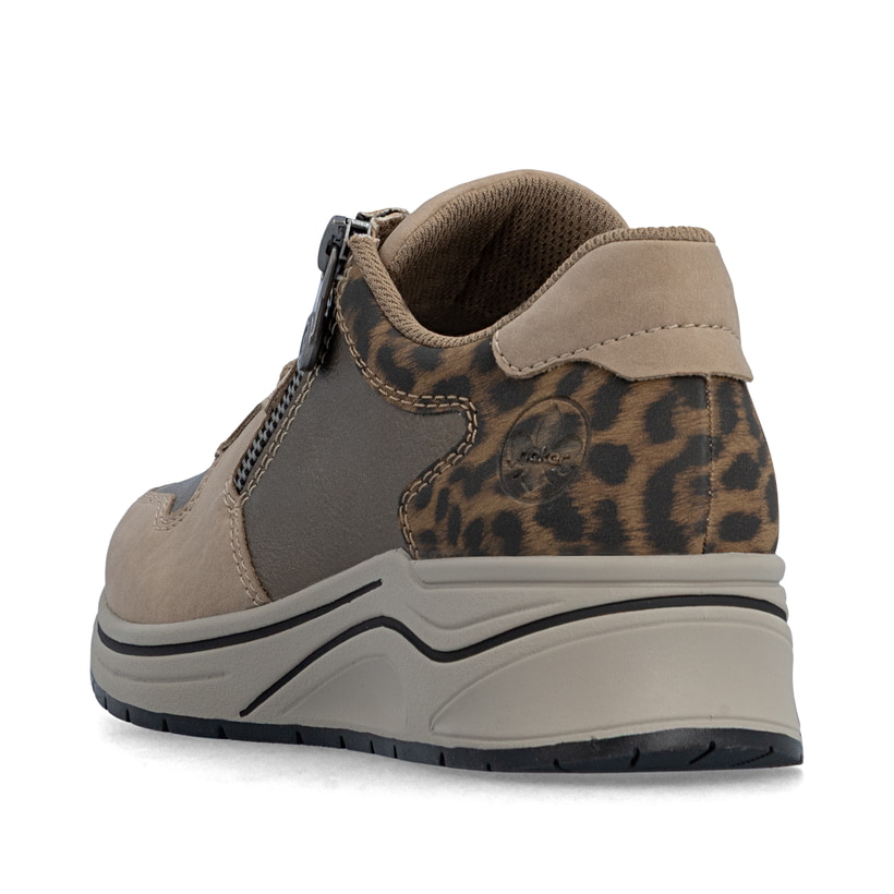 Baskets basses Rieker beiges pour femme N9503-20 avec imprimé léopard. Chaussure vue de dessus.