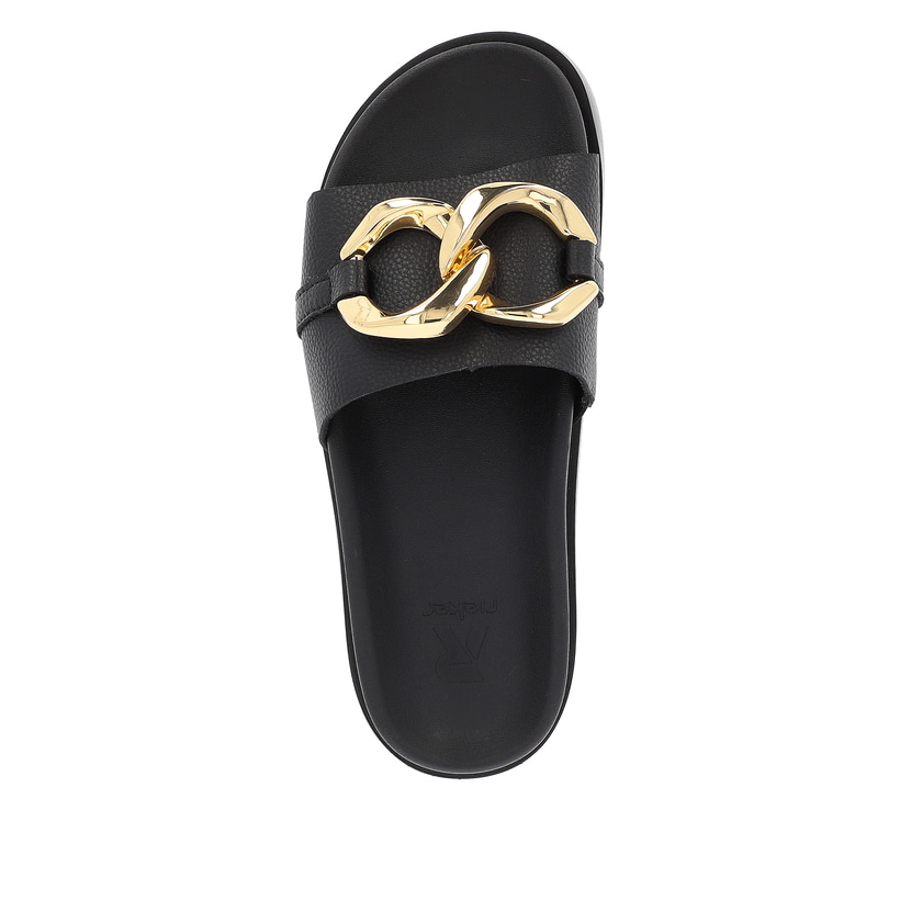Schwarze Rieker Damen Pantoletten W1452-00 mit ultra leichter Sohle. Schuh von oben.