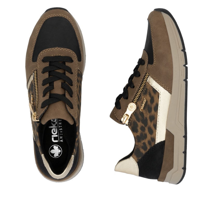 Braune Rieker Damen Sneaker Low 58902-24 mit Leo-Print sowie Reißverschluss. Schuh von oben, liegend.
