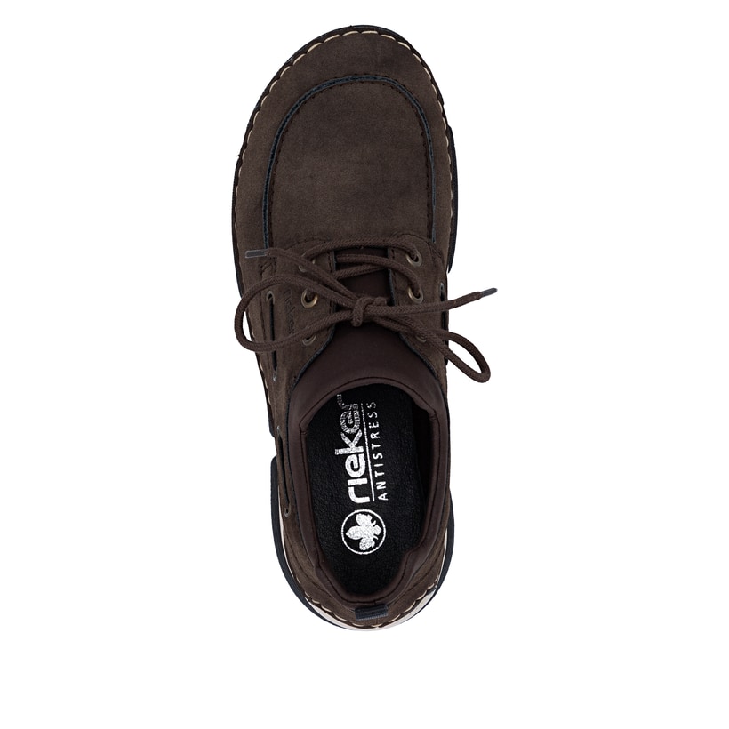 Braune Rieker Damen Slipper 45959-26 mit Gummizug sowie extra weicher Decksohle. Schuh von oben.
