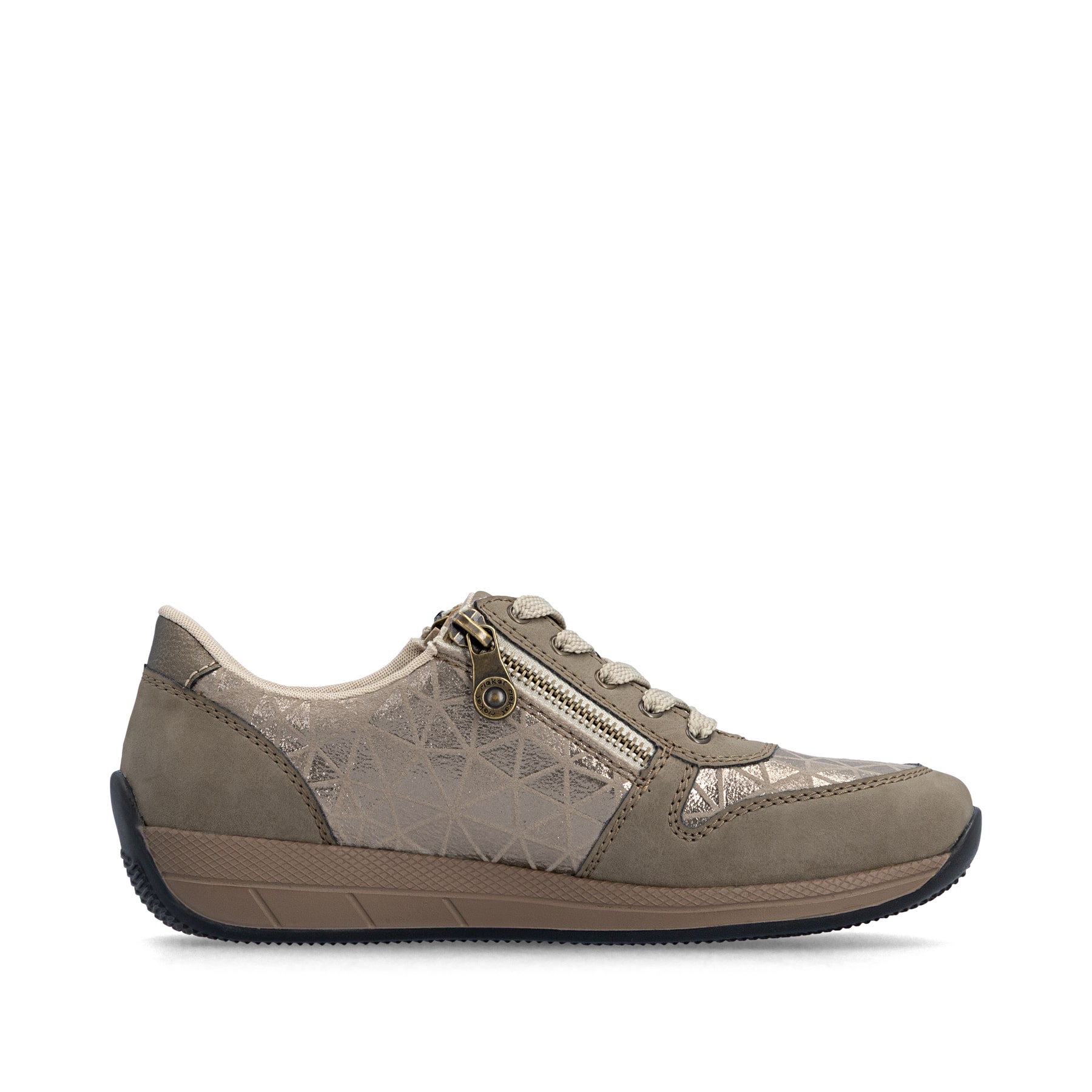 Baskets basses Rieker beiges pour femme N1100-62 avec fermeture éclair. Chaussure vue de l'arrière.