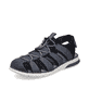 Stahlblaue Rieker Herren Trekkingsandalen 25246-14 mit einem Klettverschluss. Schuh seitlich schräg.
