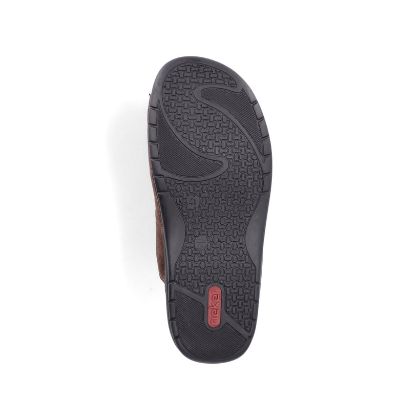 Mules Rieker marron homme 25590-25 en cuir lisse avec fermeture velcro. Semelle extérieure de la chaussure.