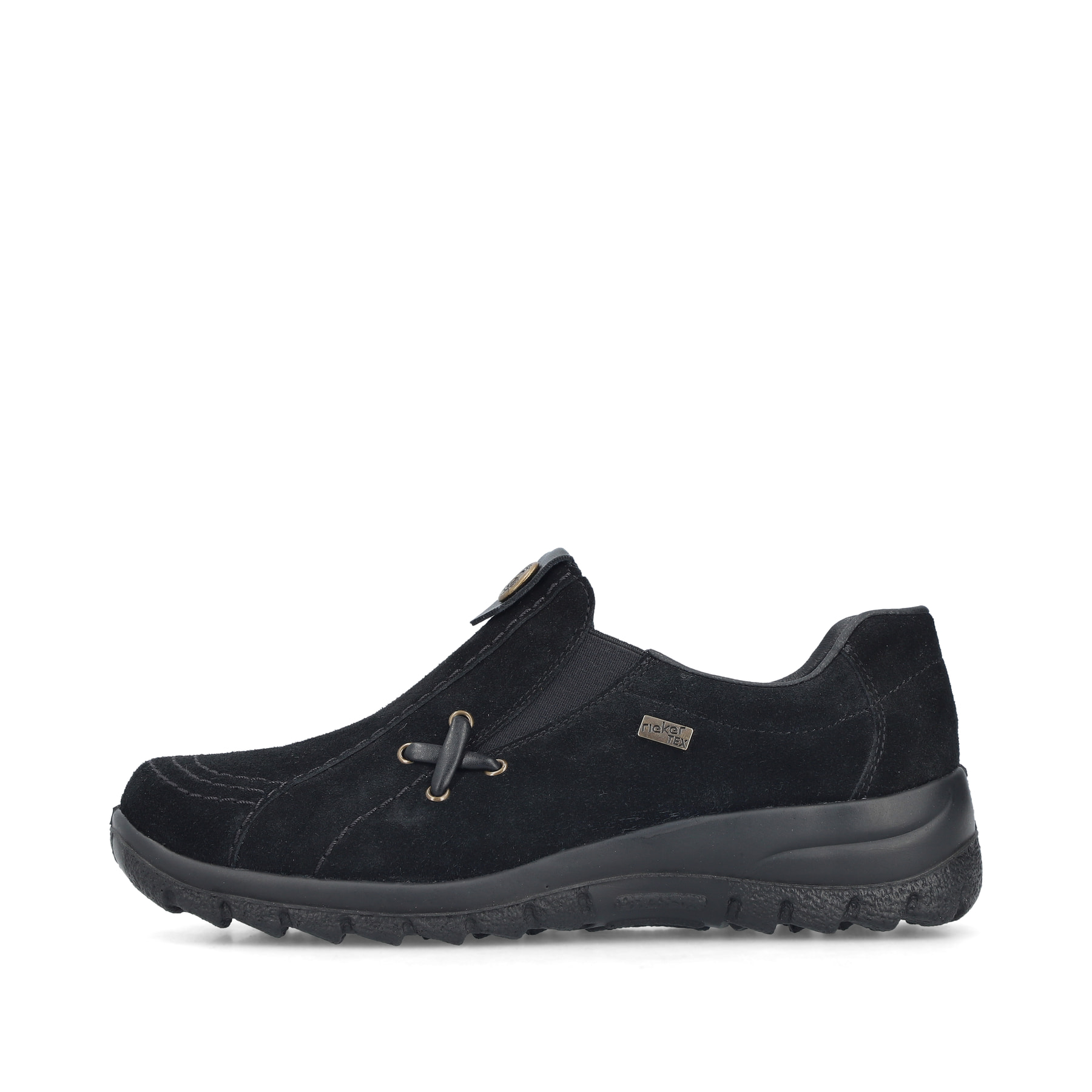 Tiefschwarze Rieker Damen Slipper L7171-00 mit einer schockabsorbierenden Sohle. Schuh Außenseite