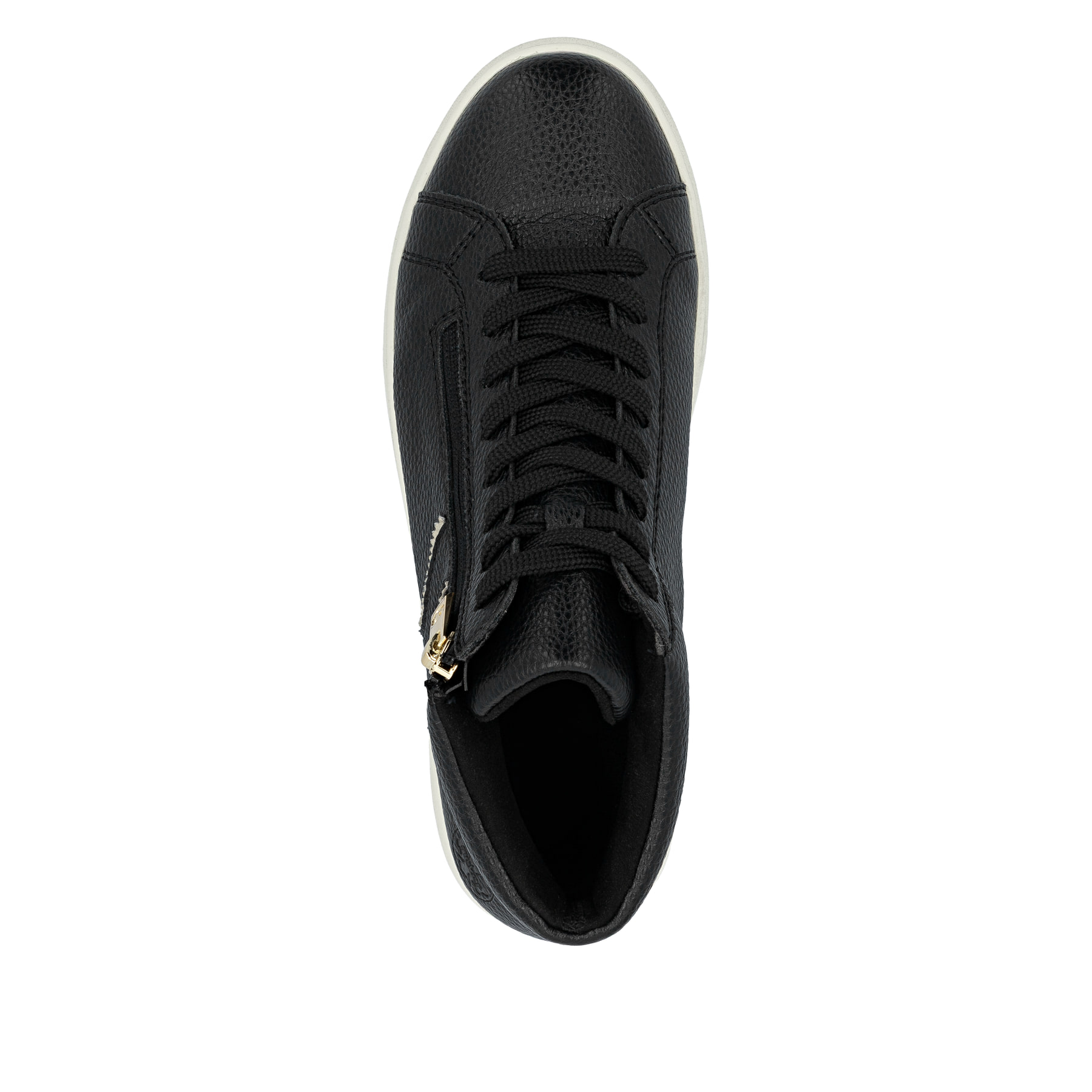 Schwarze Rieker Damen Sneaker High M7744-00 mit einem Reißverschluss. Schuh von oben.