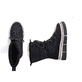 Vegane, schwarze Rieker Damen Kurzstiefel Y6380-00 mit einem Reißverschluss. Schuh von oben, liegend.