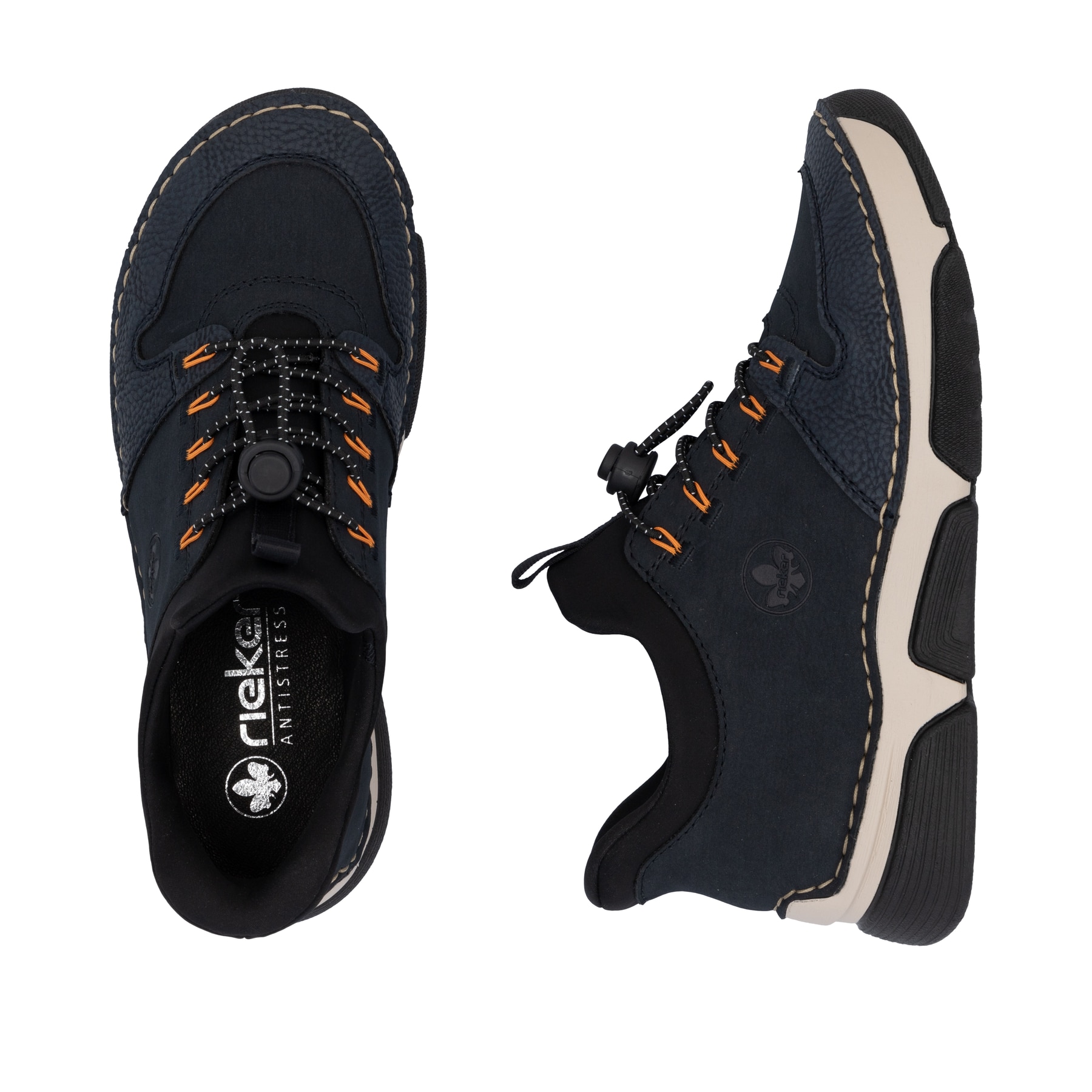 Dunkelblaue Rieker Damen Slipper 45963-14 mit Ready2GO Schnell-Anziehfunktion. Schuh von oben, liegend.