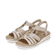 Beige Rieker Keilsandaletten V0649-62 mit Elastikeinsatz sowie Schmuckelementen. Schuhpaar seitlich schräg.