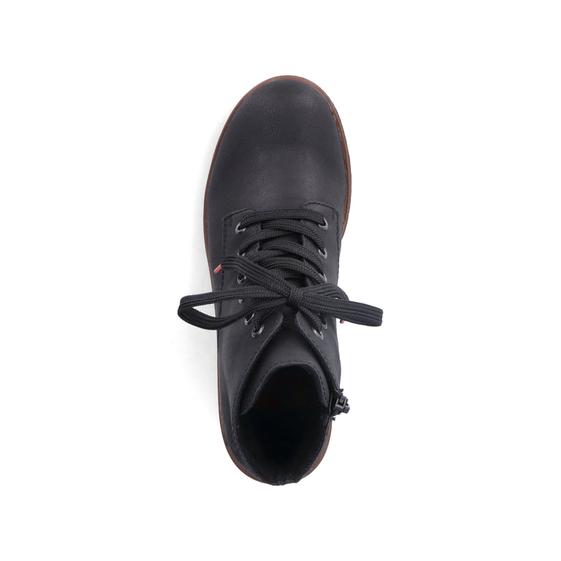 Graphitschwarze Rieker Damen Schnürstiefel 79240-00 mit Schnürung und Reißverschluss. Schuh von oben