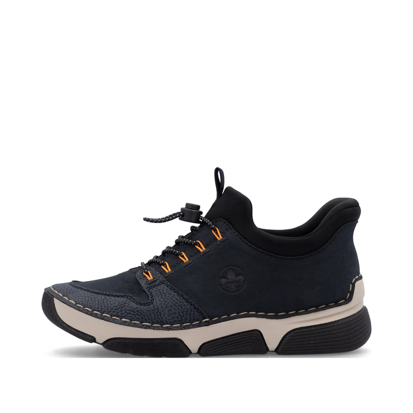 Dunkelblaue Rieker Damen Slipper 45963-14 mit easy Hineinschlüpf-Möglichkeit. Schuh Außenseite.