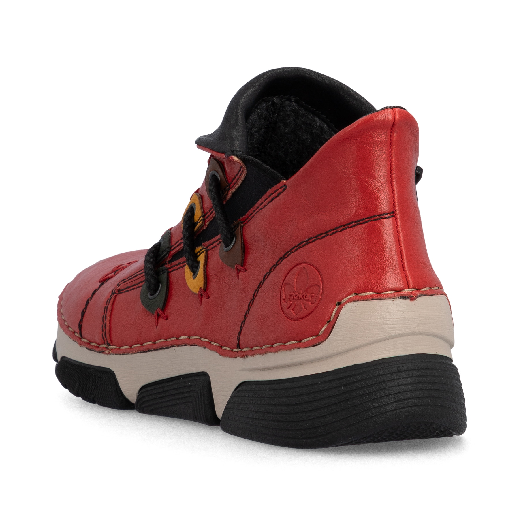 Rot-schwarze Rieker Damen Kurzstiefel 45983-33 mit einem Reißverschluss. Schuh von hinten.
