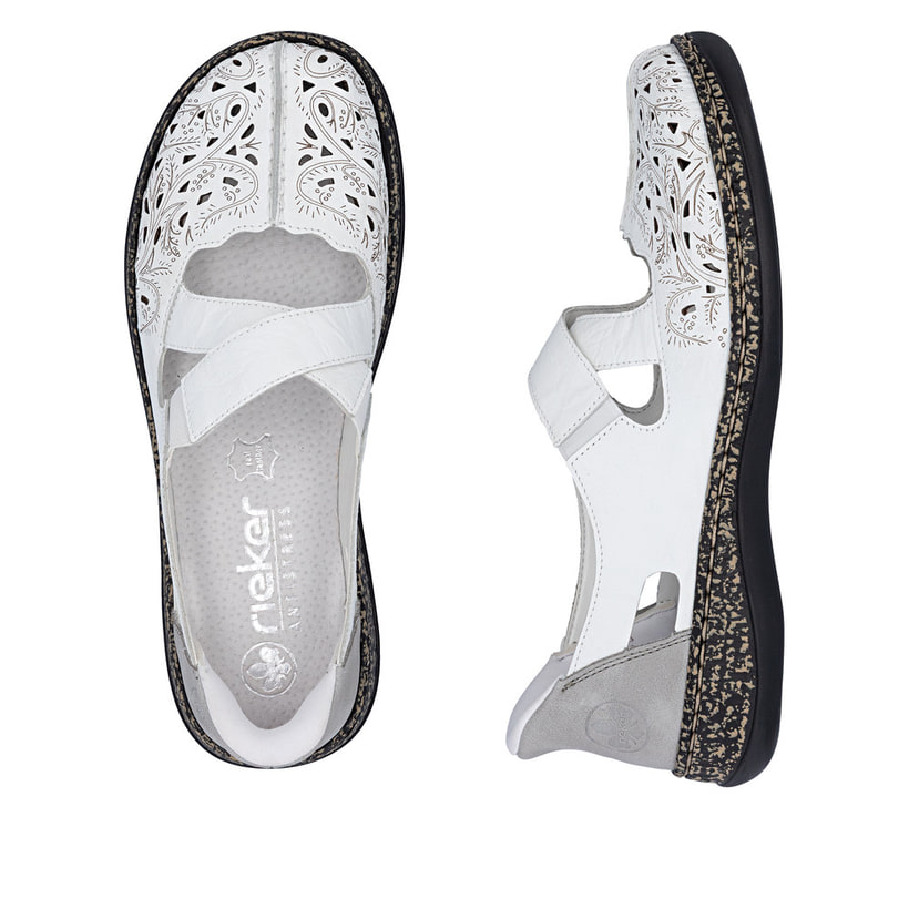 Ballerines Rieker blanches pour femme 46352-80 en cuir lisse. Chaussure vue de dessus, couchée.