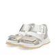 Goldene Rieker Damen Riemchensandalen W2950-90 mit einem Klettverschluss. Schuhpaar seitlich schräg.
