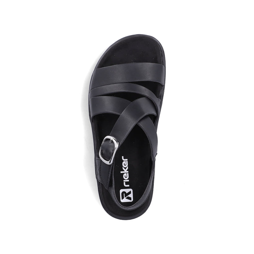 Schwarze Rieker Damen Riemchensandalen V5663-00 mit trendiger Schnalle. Schuh von oben.