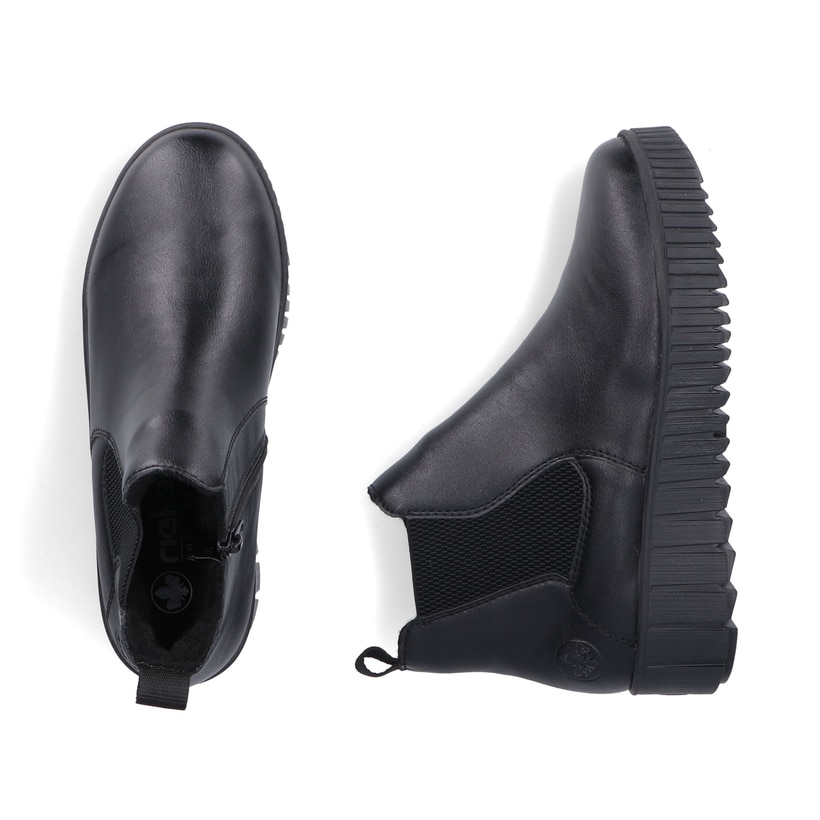 Schwarze Rieker Damen Chelsea Boots Y6151-00 mit einem Reißverschluss. Schuh von oben, liegend.