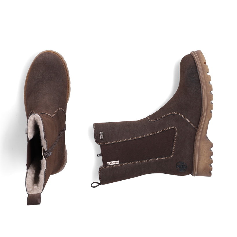 Dunkelbraune Rieker Damen Chelsea Boots 73260-25 mit einem Reißverschluss. Schuh von oben, liegend.
