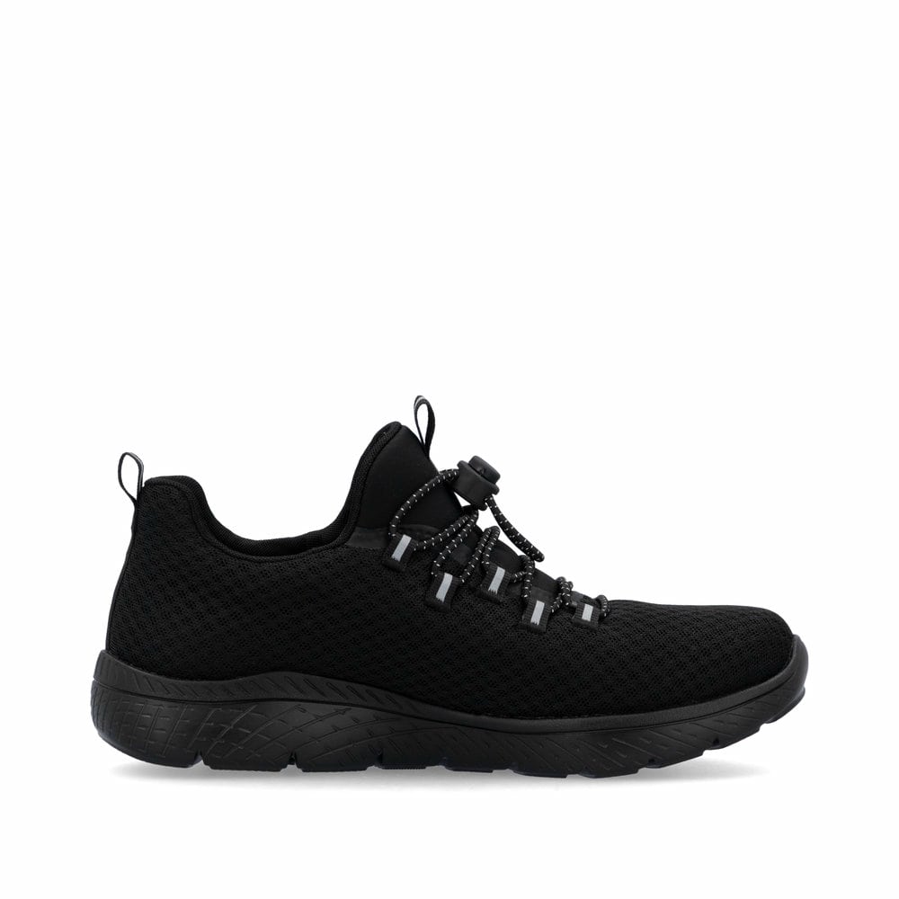 Schwarze Rieker Damen Slipper M5070-00 mit einem Gummizug sowie flexibler Sohle. Schuh Innenseite.