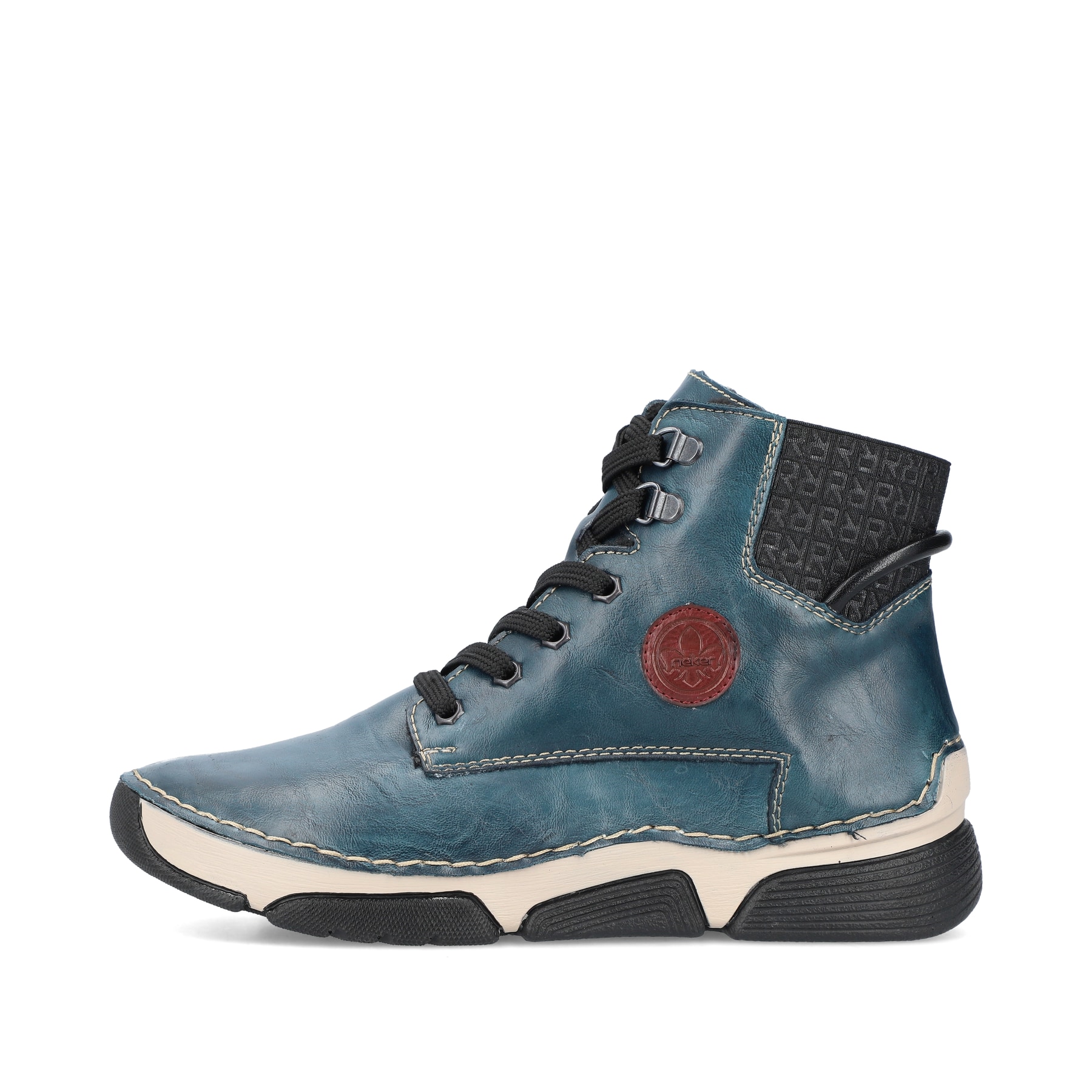 Cyanblaue Rieker Damen Schnürstiefel 45943-12 mit einer schockabsorbierenden Sohle. Schuh Außenseite