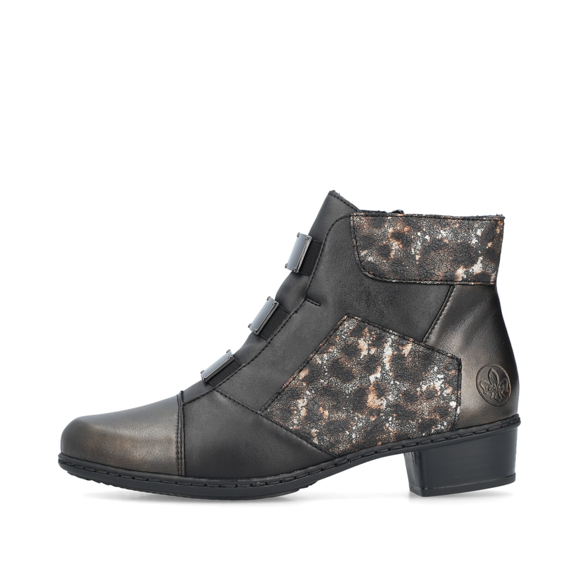 Schwarze Rieker Damen Stiefeletten Y0764-00 mit Leo-Print sowie Reißverschluss. Schuh Außenseite.