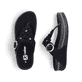 Schwarze vegane Rieker Damen Zehentrenner V1466-00 mit dekorativer Blume. Schuh von oben, liegend.