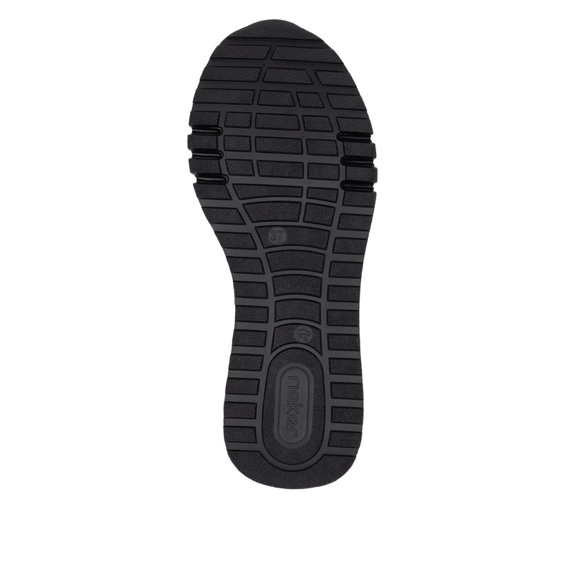 Mocassins Rieker rouges pour femme 49051-35 avec chaîne décorative. Semelle extérieure de la chaussure.