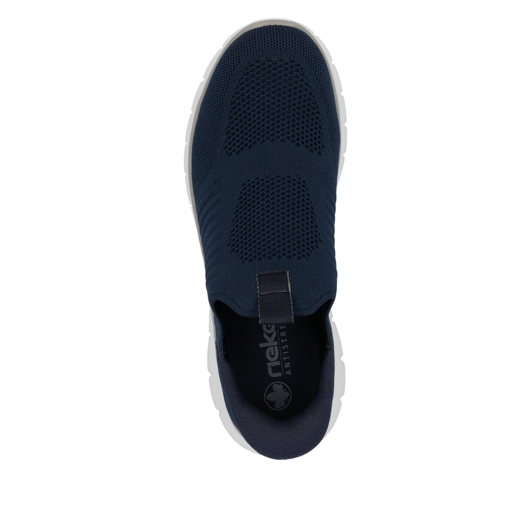 Blaue Rieker Herren Slipper B6659-14 mit Ready2GO Slip-in Feature sowie Gummizug. Schuh von oben.