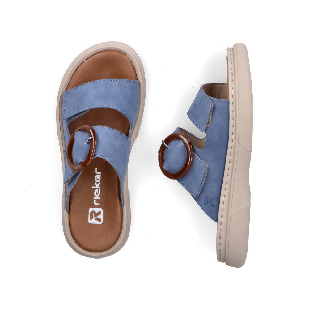 Mules Rieker bleues pour femme V3050-14 avec boucle tendance. Chaussure vue de dessus, couchée.