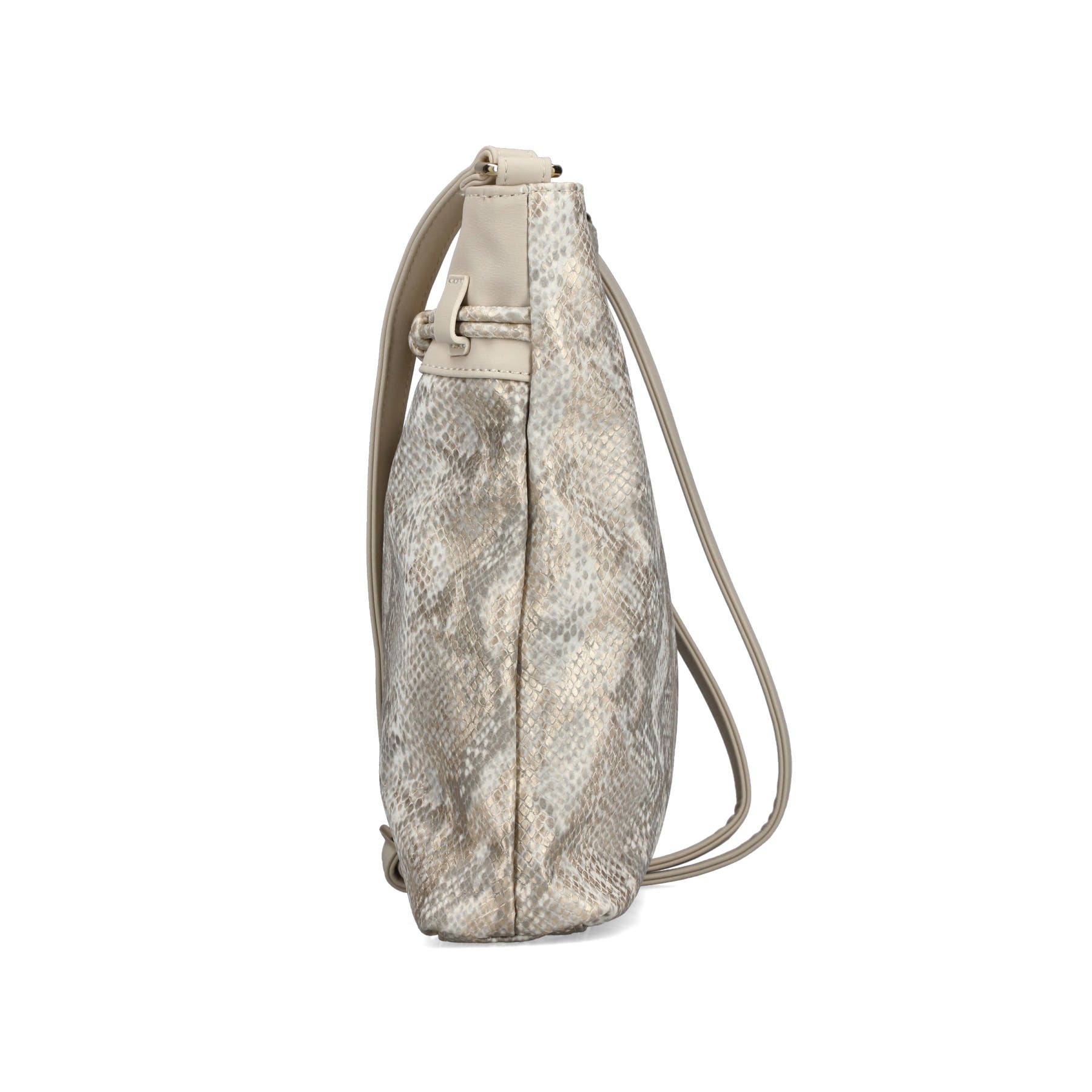 Sac à bandoulière Rieker H1032-90 doré avec motif serpent et fermeture éclair. Côté droit.
