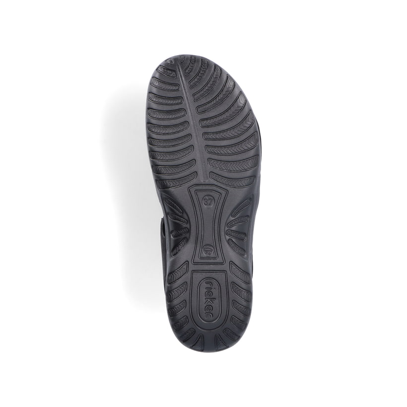 Schwarze vegane Rieker Damen Trekkingsandalen 64870-00 mit einem Klettverschluss. Schuh Laufsohle.